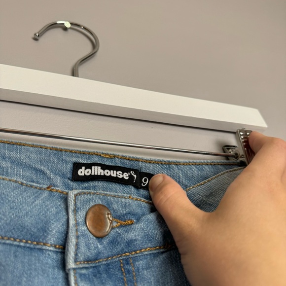 Dollhouse denim mini raw hem medium wash jean skirt size 9 - Picture 4 of 8